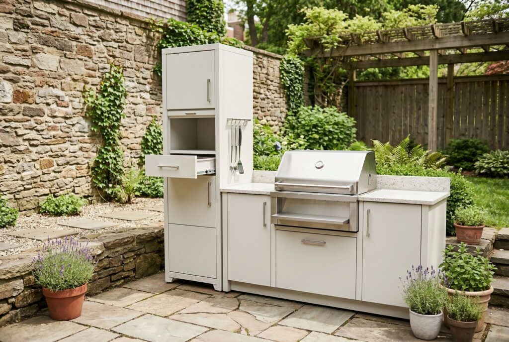 Small outdoor kitchen with tall pantry style cabinet and integrated grill station.