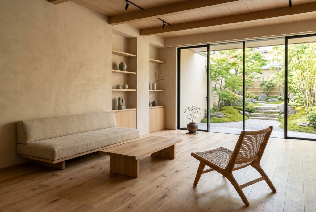 A serene living room layered in warm neutral earth tones, featuring a low beige sofa, an organic rattan chair, and pale wood floors next to a Zen garden.