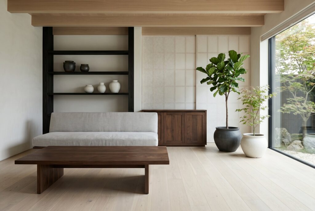 Living space blending light Scandi wood floors and beams with dark Japanese accents, walnut coffee table, and black shelving.
