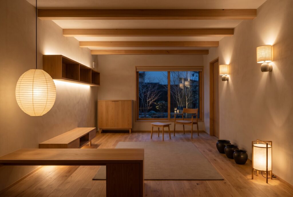 Japandi living space with warm ambient lighting, low furniture, floor cushion, and paper lanterns.