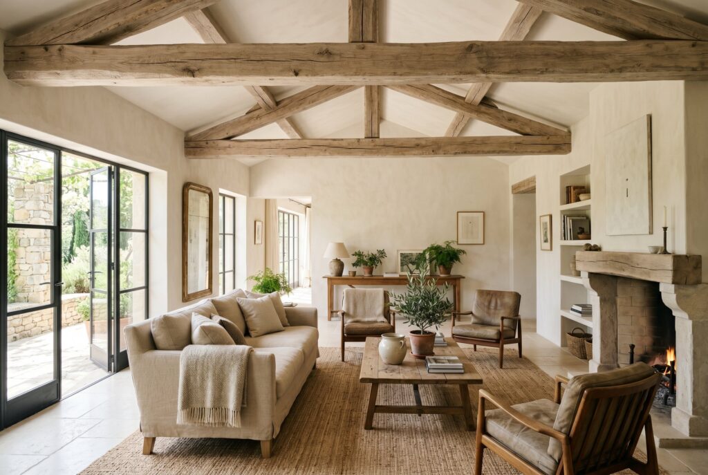 Bright living room with light walls, exposed wood beams, neutral sofas, a wooden coffee table, and a cozy fireplace.