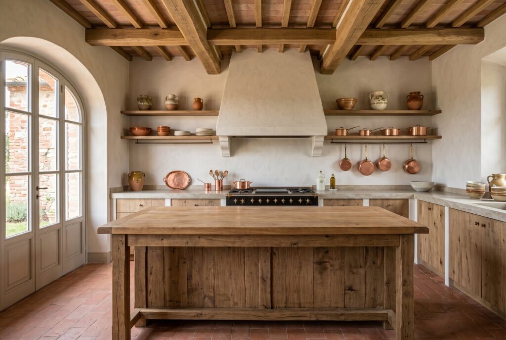 Old World Tuscan kitchen with a rustic wood island, sweeping plaster range hood, open copper-pot shelving, and terracotta floors.
