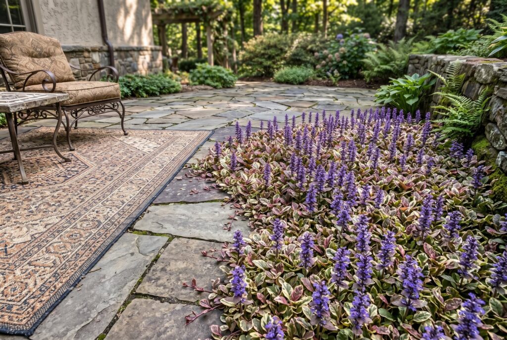 Ajuga 'Burgundy Glow' bringing colorful foliage and vibrant spikes of purple spring flowers to a shady area next to a stone patio.
