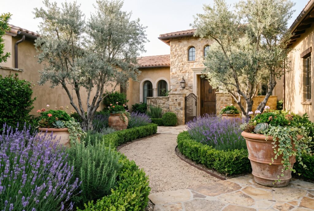 Simplified sun-baked landscape with a gravel path, terracotta planter, olive tree, lavender, and a stone house.