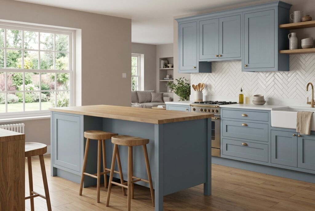 Dusty Blue kitchen with large island, warm wood countertop, and greige wall backdrop.