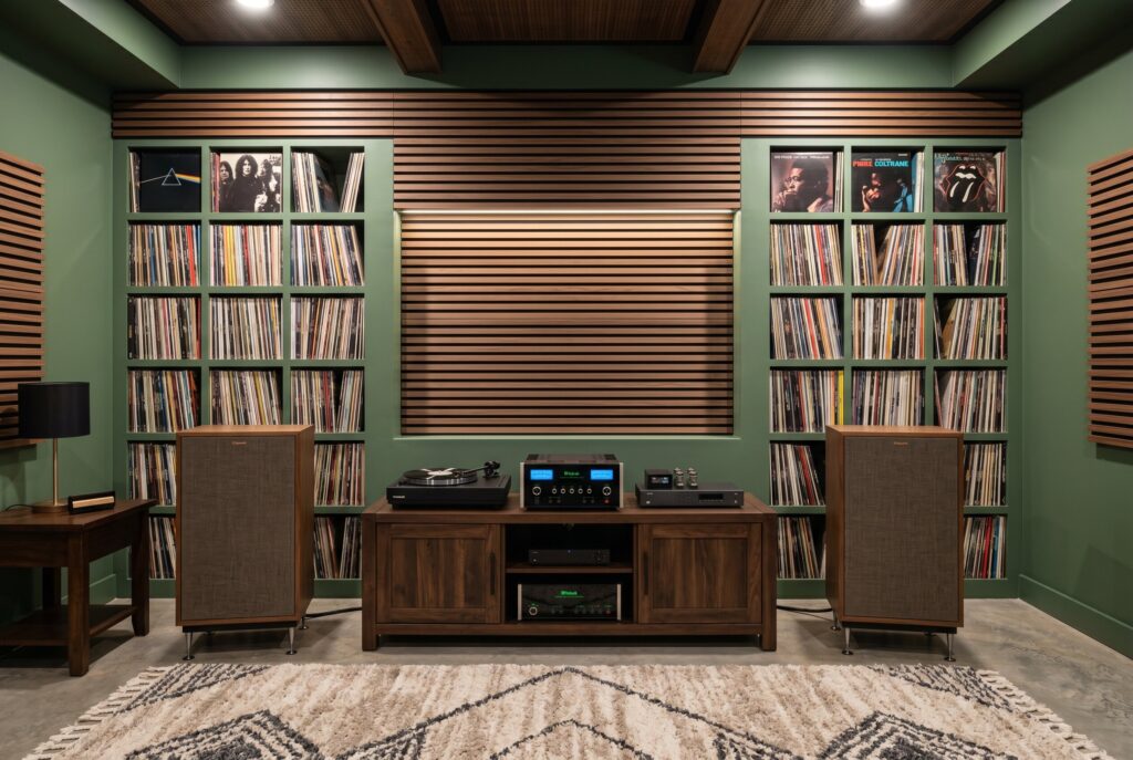 An acoustic vinyl listening room with sage green walls, wood slat acoustic panels, floor-to-ceiling built-in record storage, and large vintage speakers.