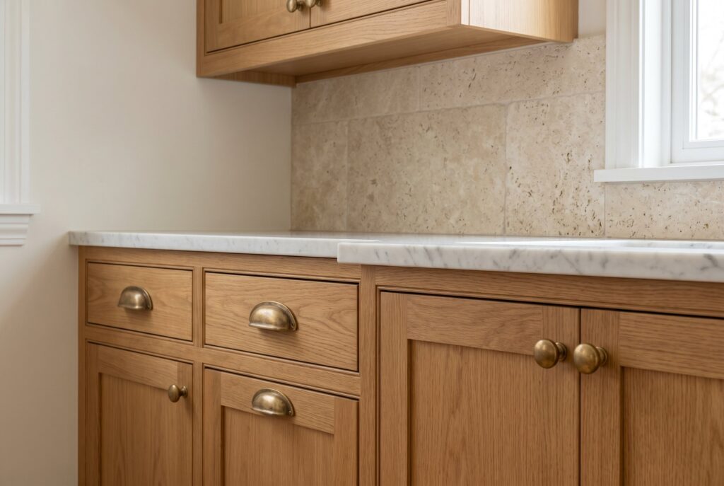 Light wood cabinets and drawers with unlacquered brass cup pulls and round knobs beneath a light countertop.