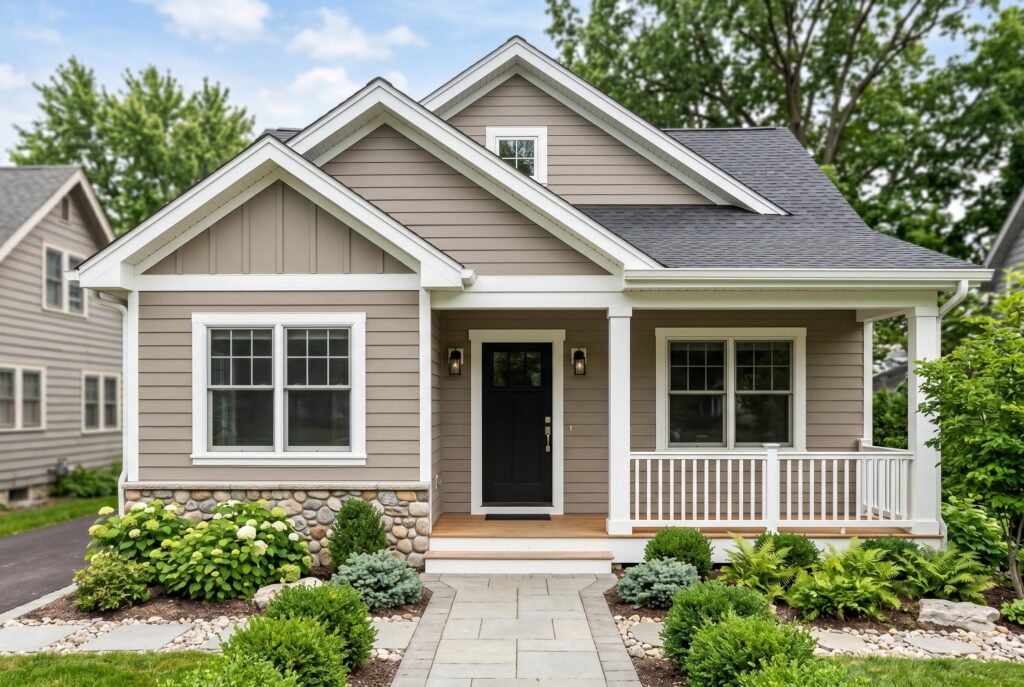 Mushroom taupe exterior house with white trim, black front door, and covered front porch.