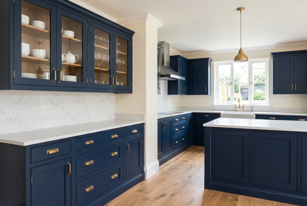 Classic navy blue kitchen cabinets with brass hardware, white countertops, and light oak flooring. 