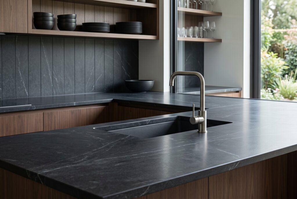 Dark sintered stone countertop with integrated sink and vertical panel backsplash.
