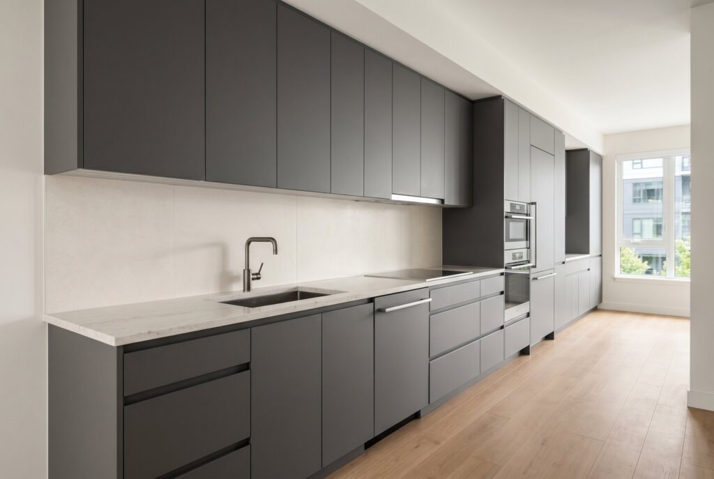 Charcoal flat panel kitchen with handle free cabinetry and clean contemporary lines.