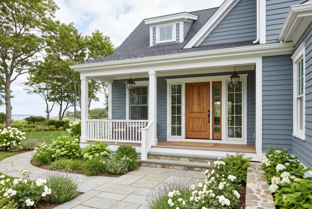 Blue gray exterior house with white trim, natural oak front door, and wraparound porch.