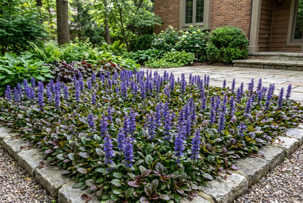 Ajuga ground cover displaying dark, colorful foliage and tall spikes of blue-purple flowers within a contained stone garden bed.