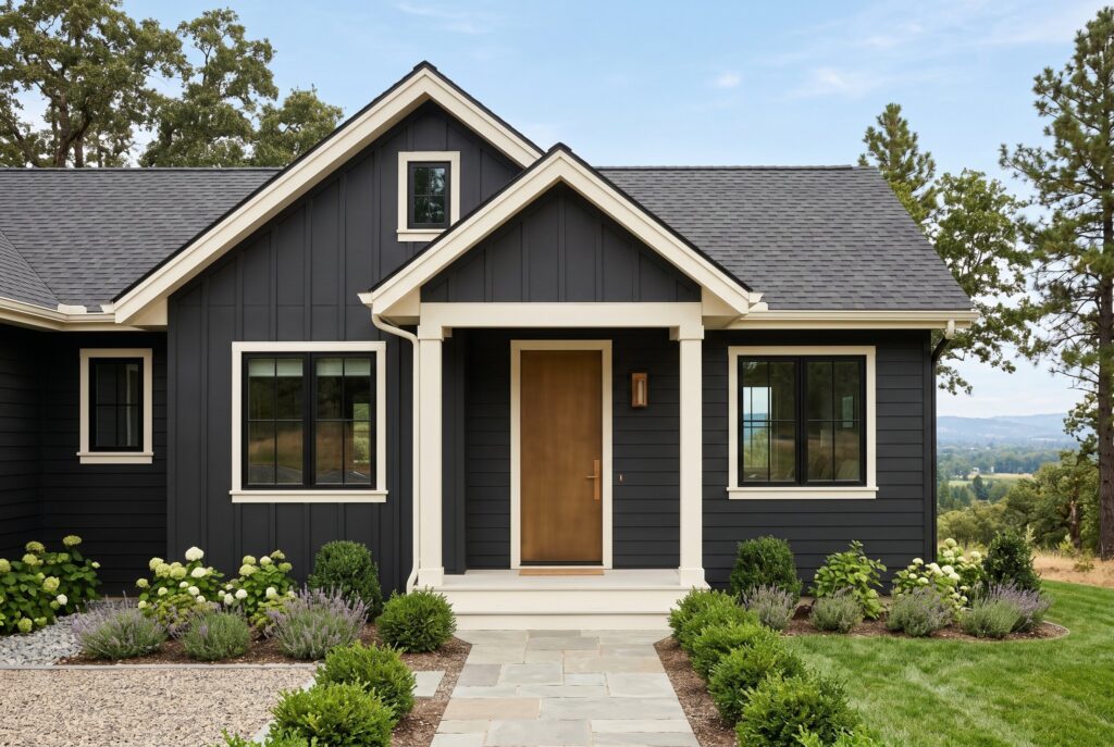 Soft black exterior cottage with warm white trim, bronze toned front door, and dark siding.