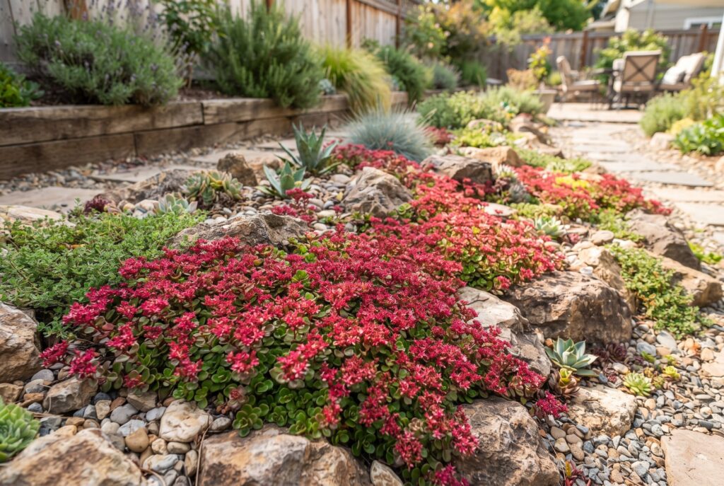 A drought-tolerant succulent sedum ground cover thriving in a rocky garden setting, displaying thick leaves and a dense mat of reddish-pink flowers.