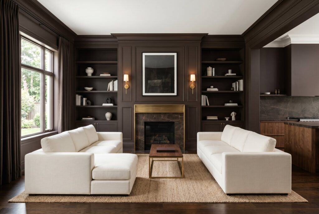 Deep brown paneled living room with cream sofas, fireplace, and burnished brass accents. 