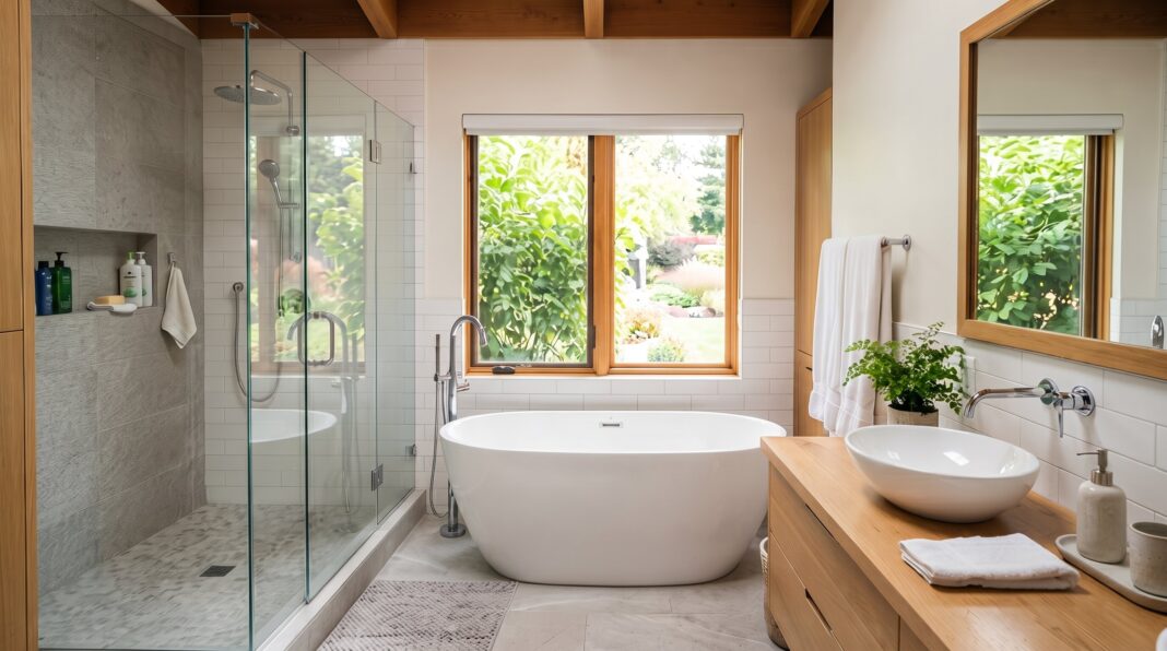 A bright, modern bathroom featuring a glass shower, a white freestanding bathtub, and a wooden double vanity sink.