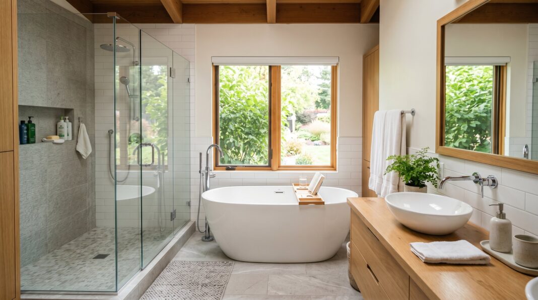 A bright, modern bathroom featuring a glass shower, a white freestanding bathtub, and a wooden double vanity sink.