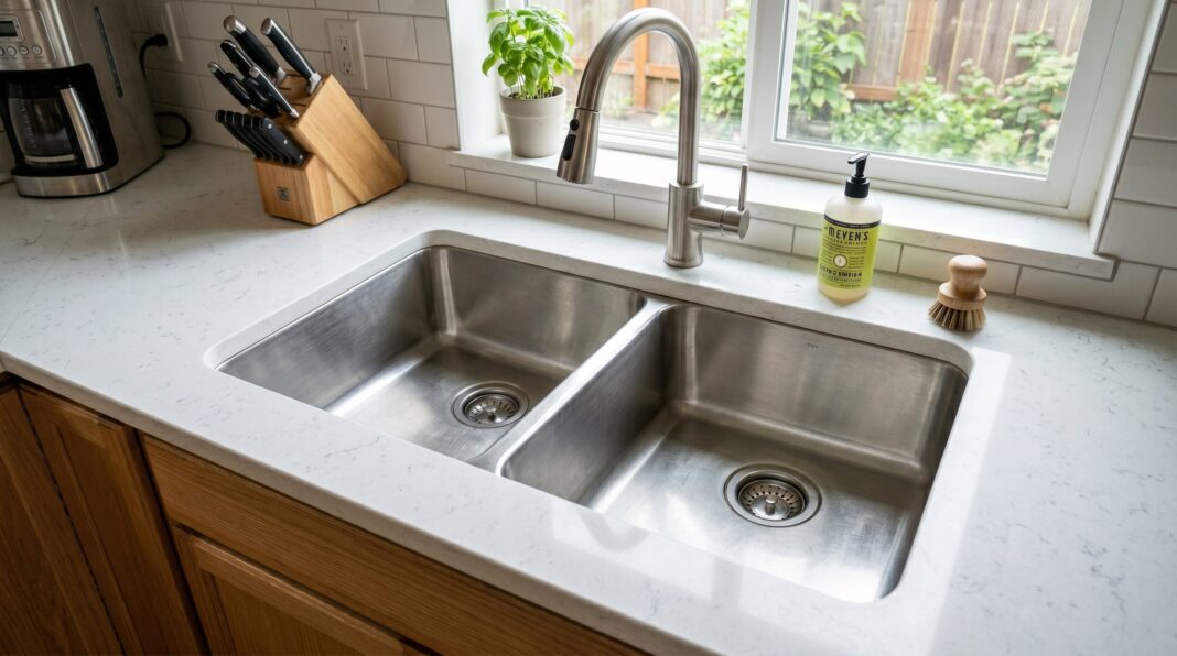 A sparkling clean double-basin stainless steel kitchen sink set in a white countertop near a window.