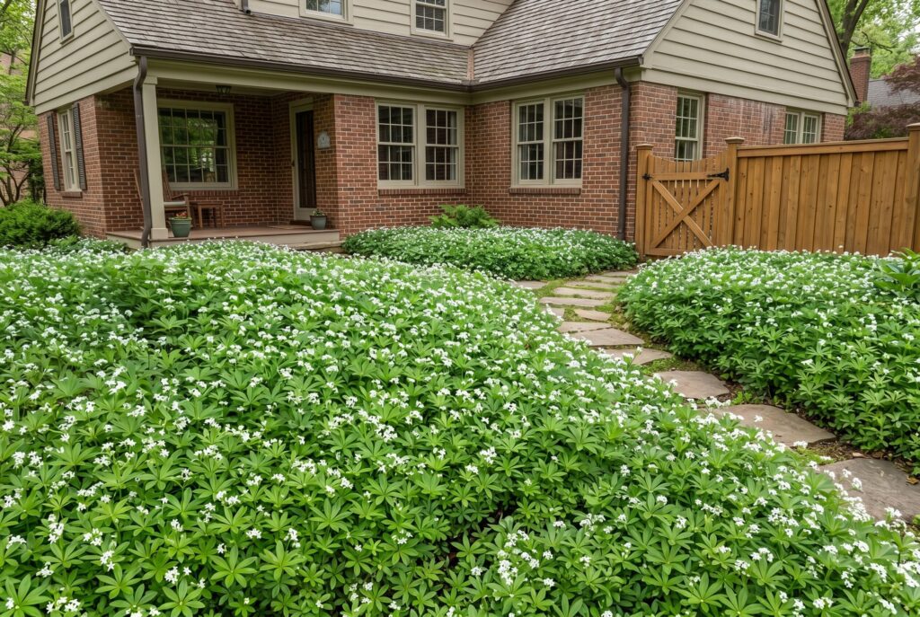 Sweet woodruff with delicate white flowers and soft green leaves in a shady bed.