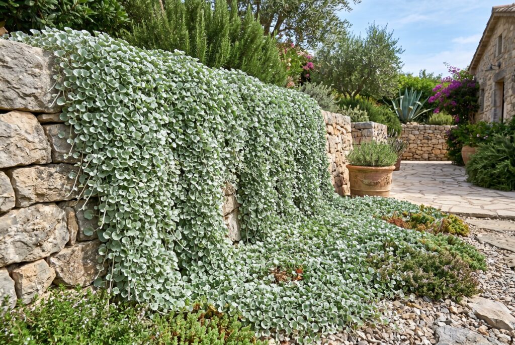 A shimmering silver carpet of Silver Falls trailing gracefully over a stone retaining wall.