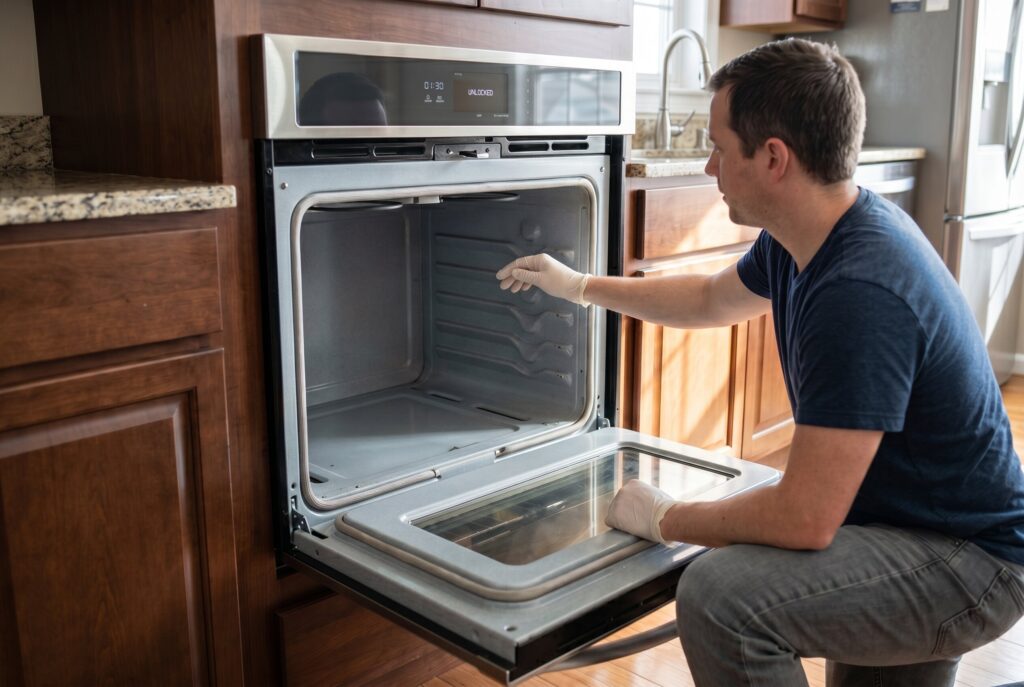 A man wearing gloves wiping away the white ash left inside the oven after a self-cleaning cycle has fully cooled down.
