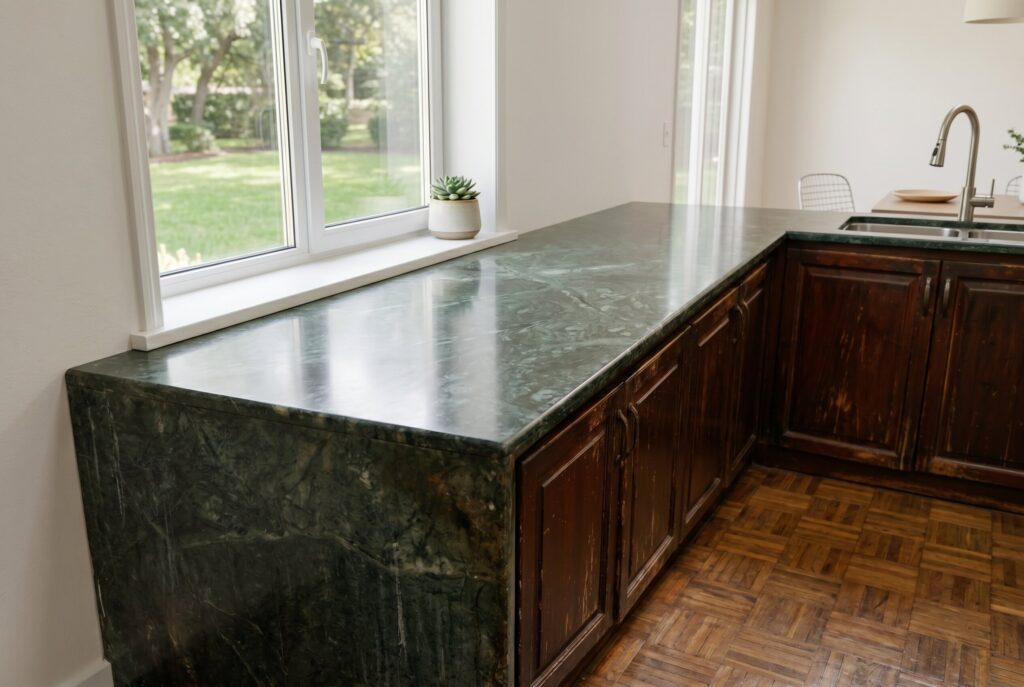 Green stone countertop with eased edge profile above traditional dark wood cabinetry.