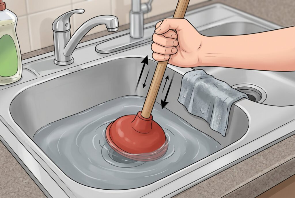 Illustration of a hand using a red cup plunger on a clogged kitchen sink.