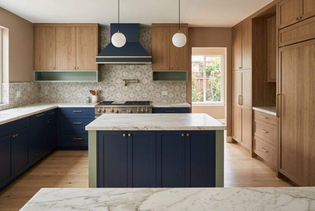 Warm oak kitchen with navy island, earthy cabinetry, and natural stone backsplash.