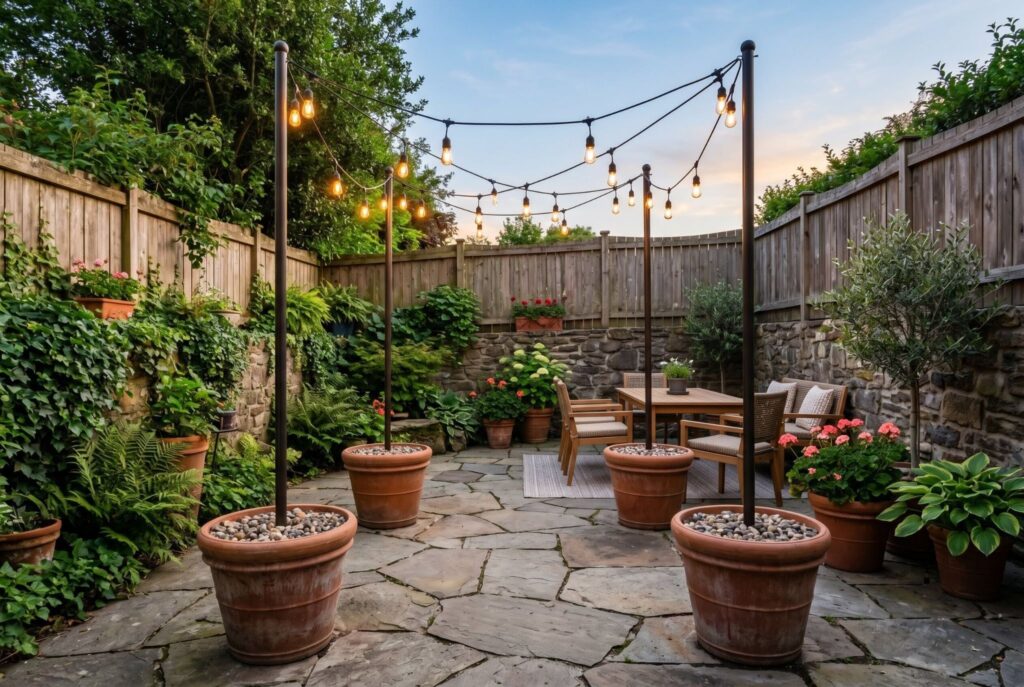 String lights supported by planter light poles in cozy backyard patio design. 