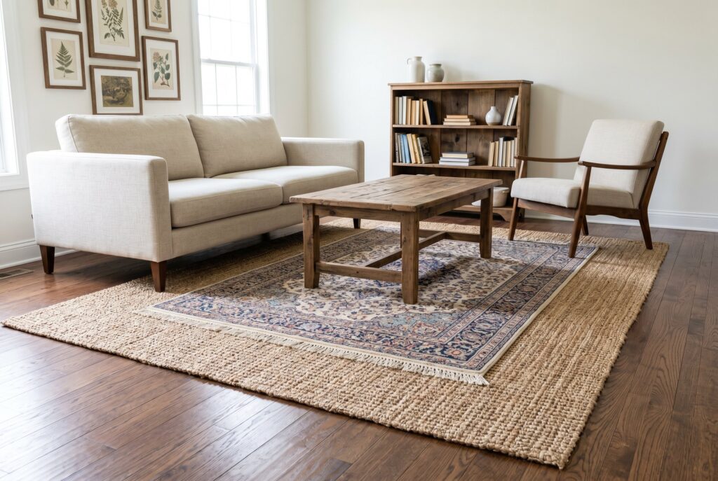Layered jute and vintage rugs beneath neutral living room furniture.