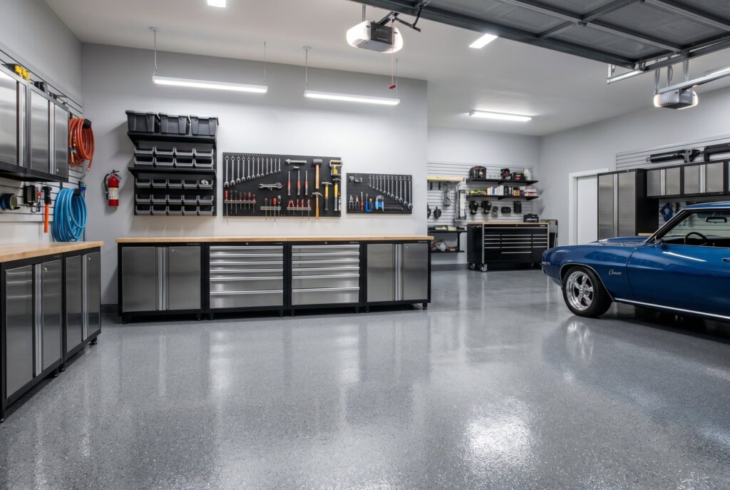 A garage workshop with a glossy epoxy floor, stainless steel tool cabinets, a neatly organized wall-mounted tool display, and a classic blue car parked on the right.