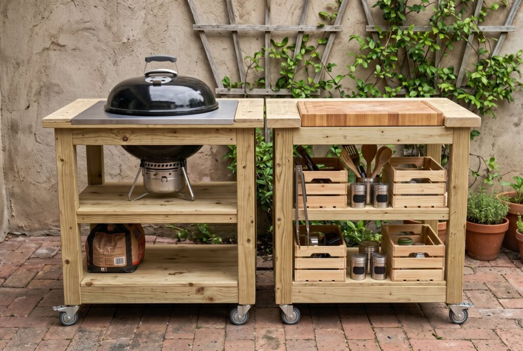 Two module rolling outdoor kitchen island with locking casters and flexible workspace layout. 