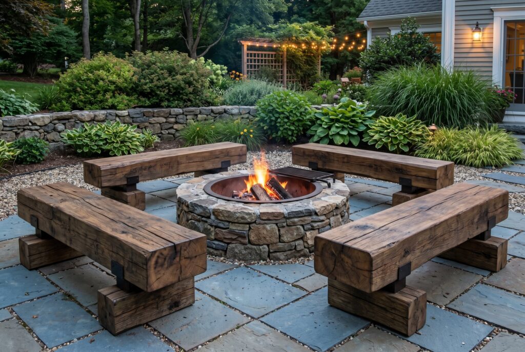 Reclaimed wood sleeper benches arranged around fire pit with stone patio landscaping.