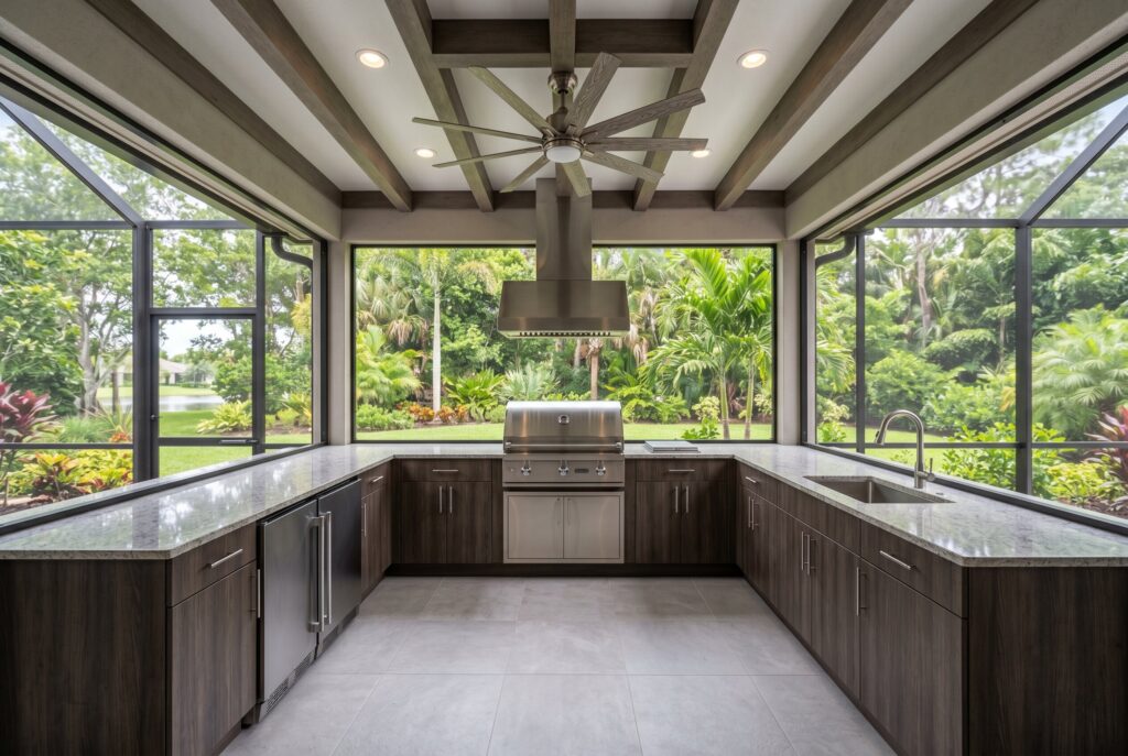 Screened Florida room outdoor kitchen with U shaped cabinetry, vent hood, and large windows. 