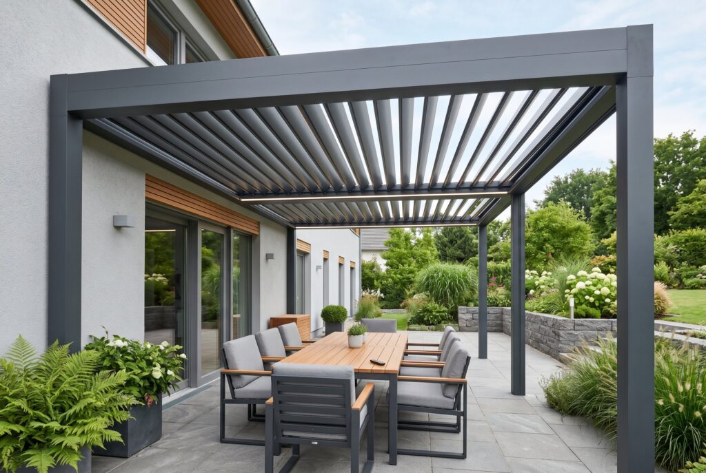 Motorized louvered aluminum pergola with adjustable roof and modern outdoor dining area. 