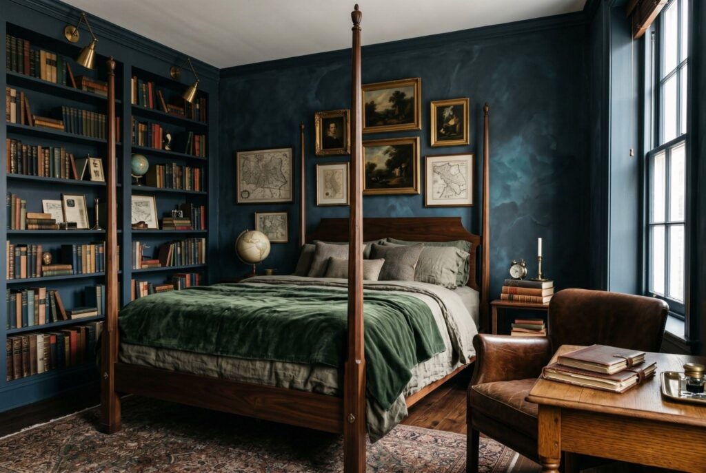 Moody blue charcoal bedroom with four poster bed and dark academia library wall. 