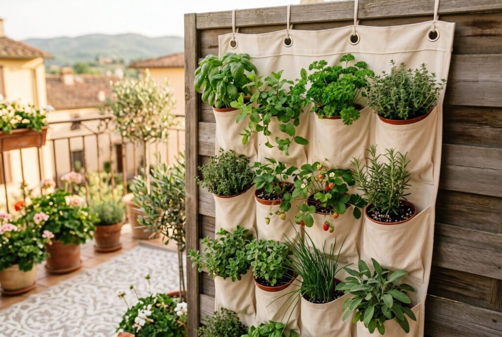 Over door shoe organizer converted into vertical herb garden on balcony wall. 