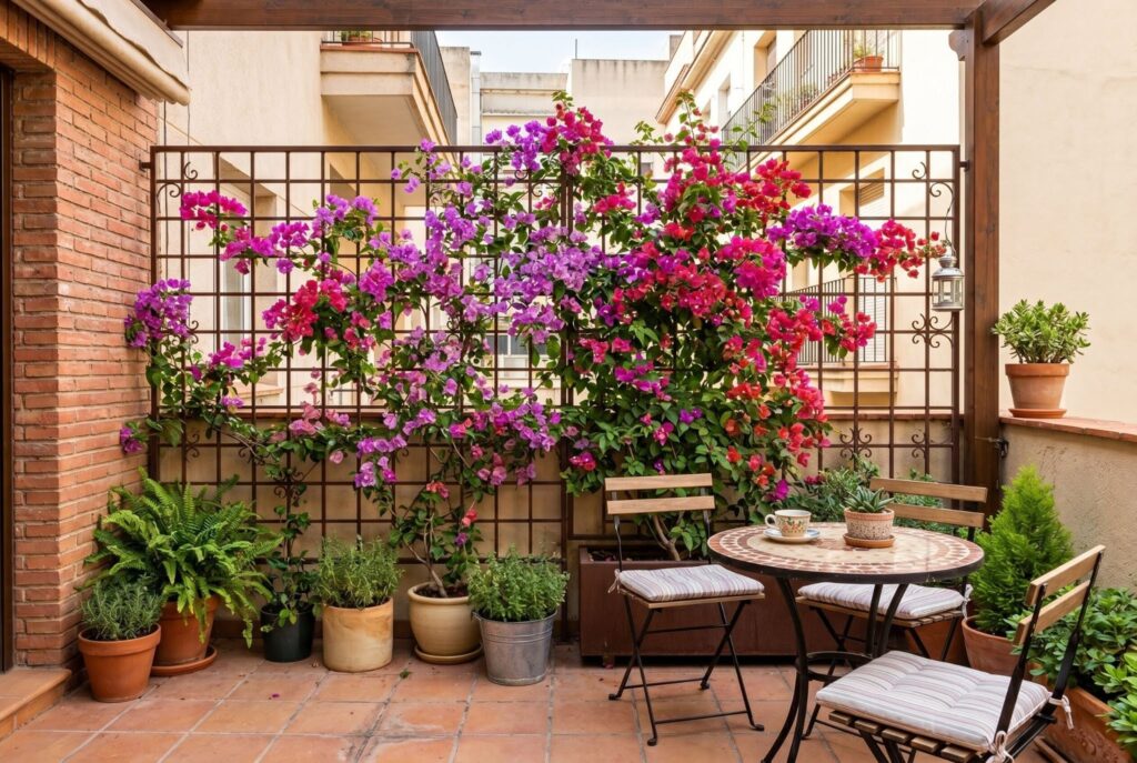Bougainvillea covered metal grid privacy screen with vibrant pink flowers. 