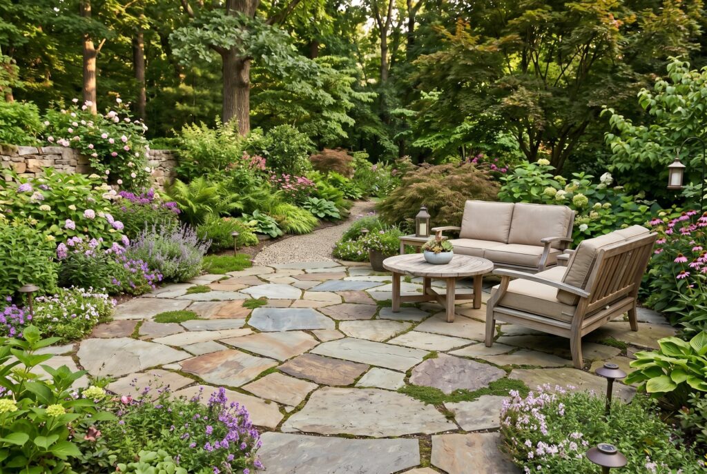 Irregular stone patio with lounge seating and lush backyard planting beds.
