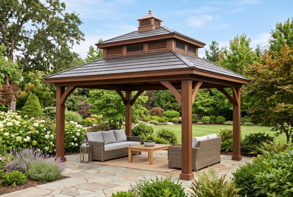 Double tiered gazebo roof over outdoor seating area with landscaped garden backdrop. 