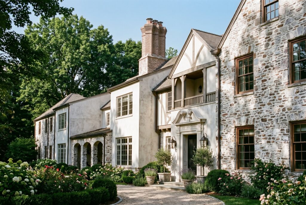 Textured limewashed stone and smooth pale stucco facade, arched dark wood door, flowering climbing vines.