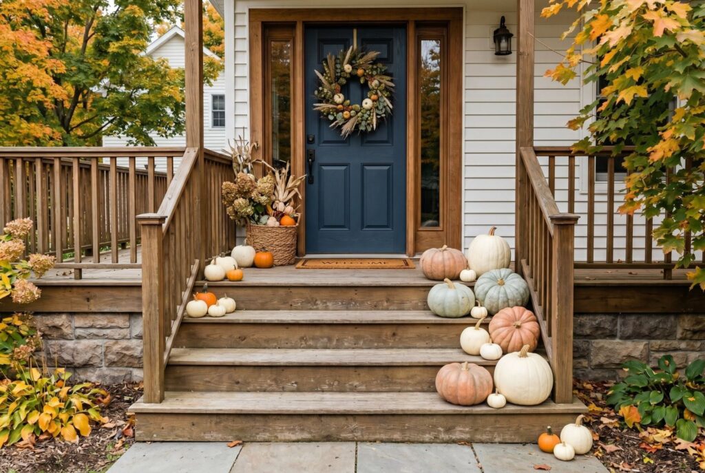 Asymmetrical pumpkin scatter spilling down porch steps with neutral harvest colors.