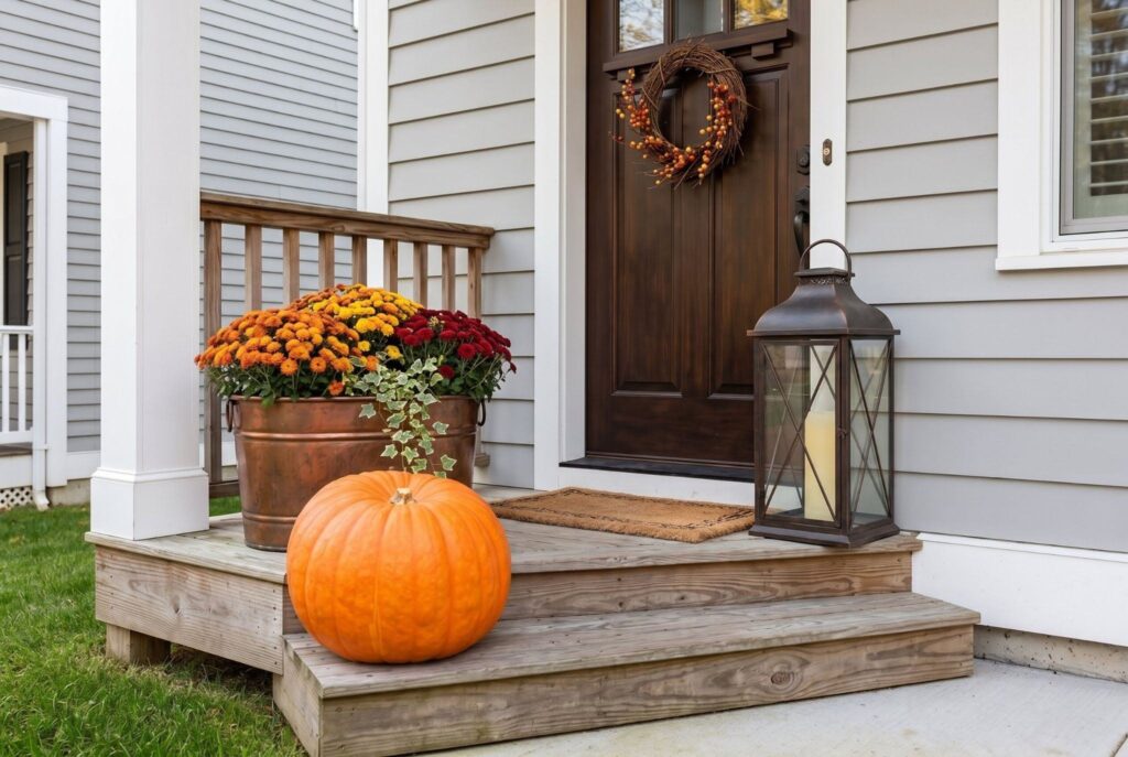 Oversized pumpkin, large planter, and lantern creating uncluttered fall porch styling.