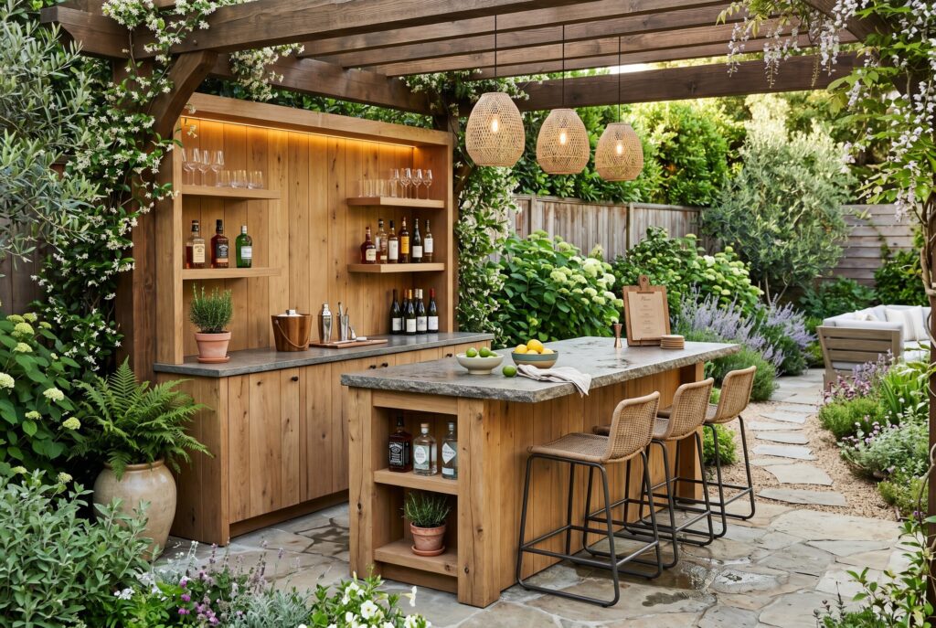Modern oak outdoor bar with stone countertop and backyard entertaining space.