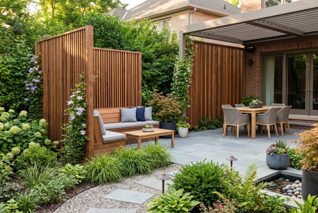 Walnut wood privacy screens with outdoor lounge and modern backyard design.