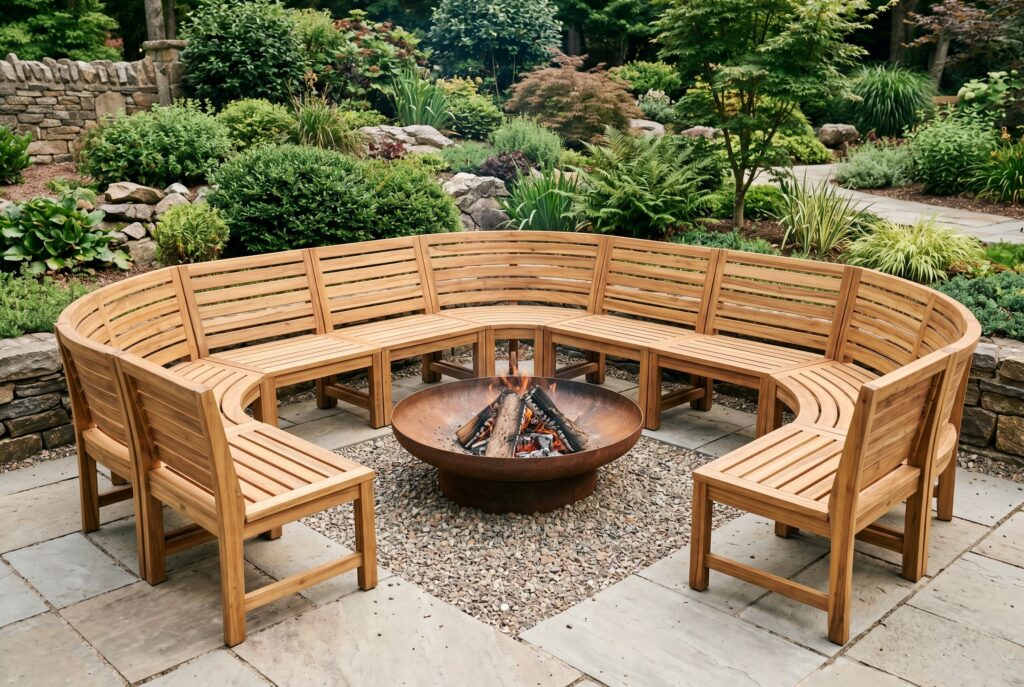 Interlocking acacia wood curved seating around fire pit on gravel patio.