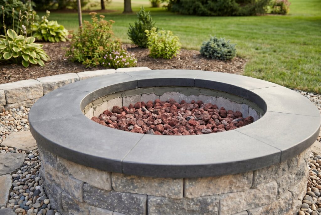 Fire pit capstones with lava rock fill creating durable contractor grade fire pit finish.