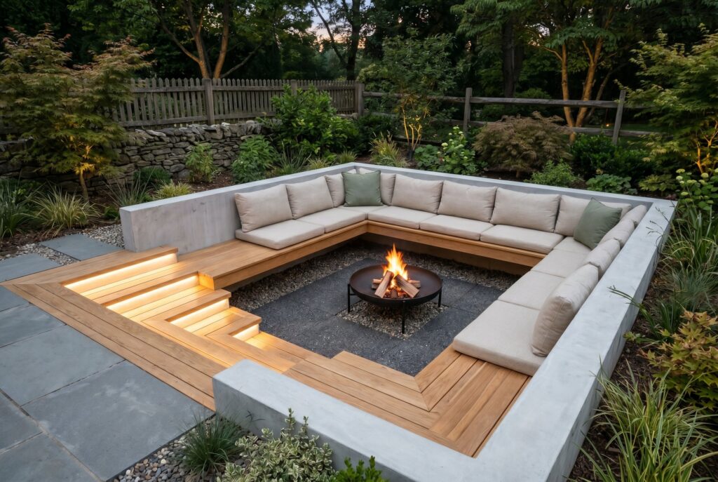 Sunken Japandi conversation pit with built in seating and modern fire pit centerpiece.
