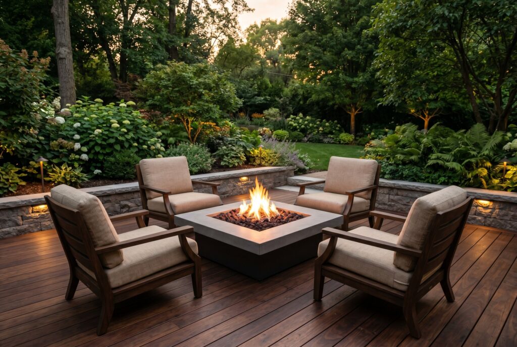 Walnut deck fire lounge with square fire pit and comfortable outdoor seating.